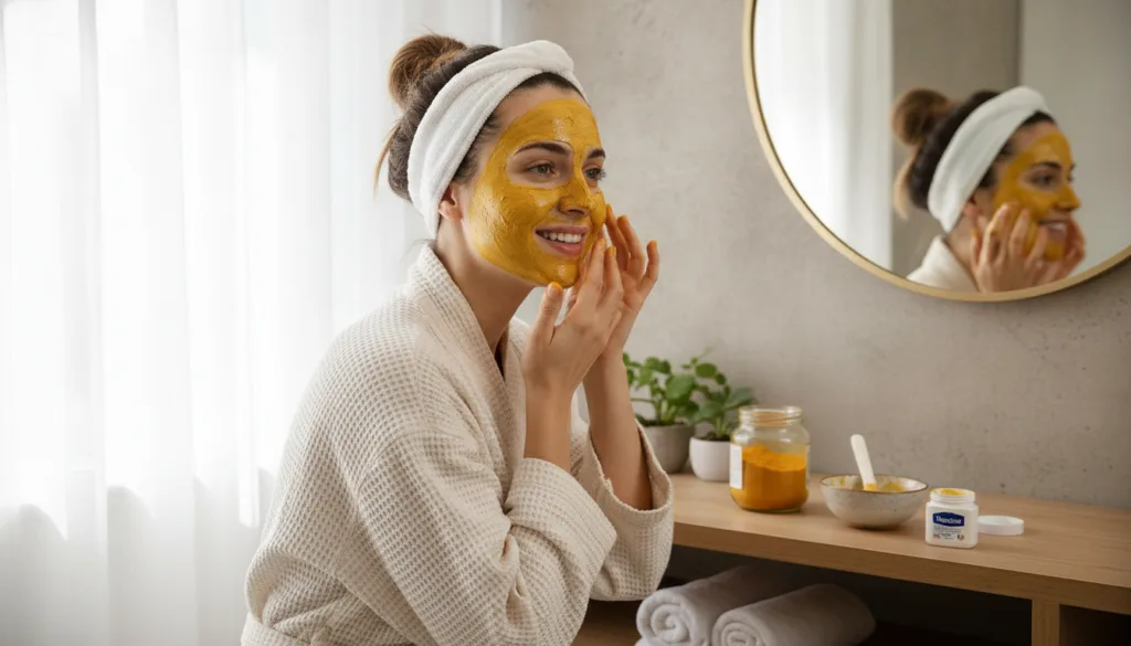 A woman gently applying a yellow turmeric and Vaseline mask to her face in a well-lit bathroom smiling softly
