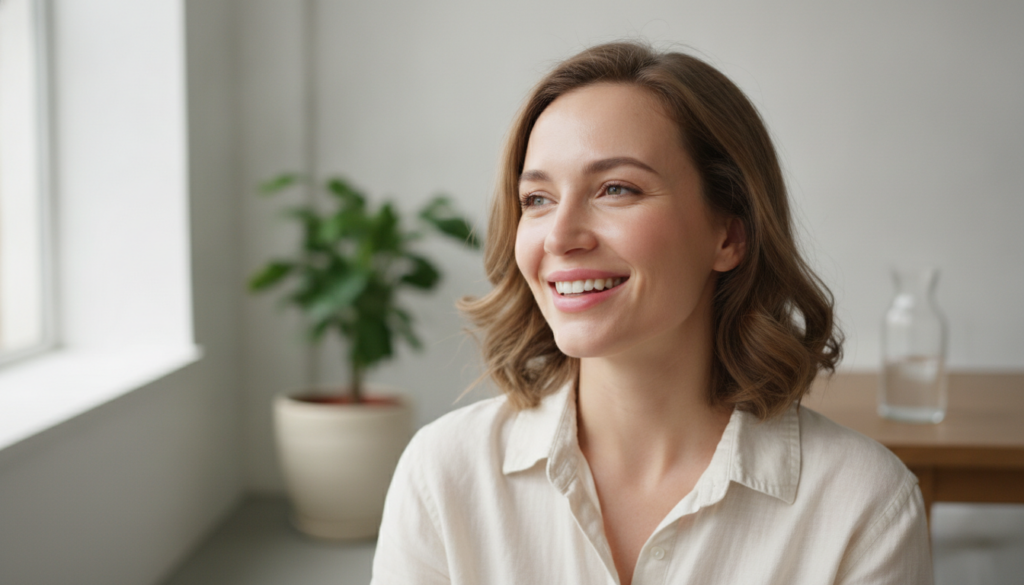 A woman smiling with clear radiant skin looking fresh and healthy after using a beauty treatment