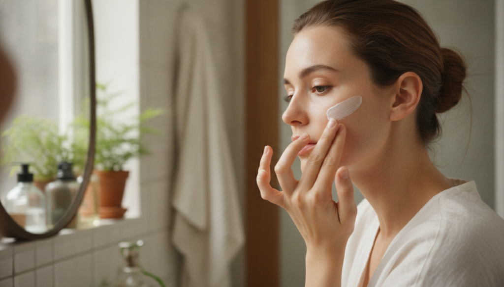 A woman gently applying a white paste to her cheek with her fingertips demonstrating careful application of the beauty r