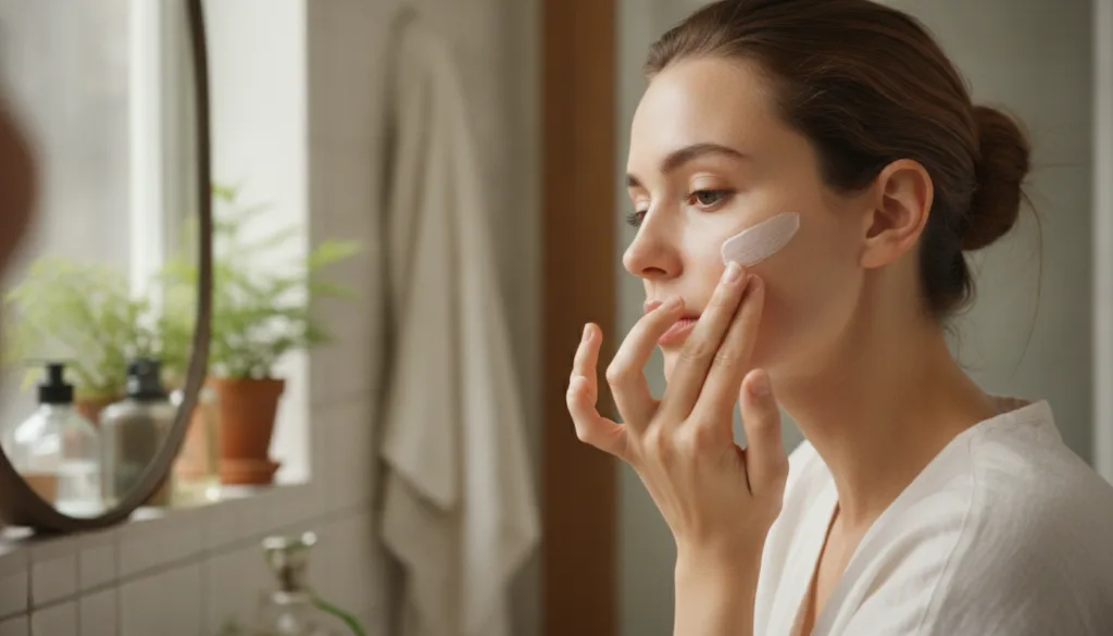A woman gently applying a white paste to her cheek with her fingertips demonstrating careful application of the beauty r