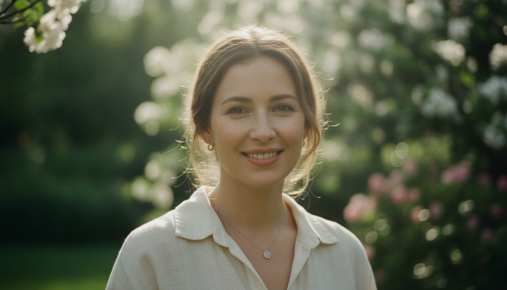 A woman with glowing clear skin smiling with a subtle before and after split or a feeling of transformation