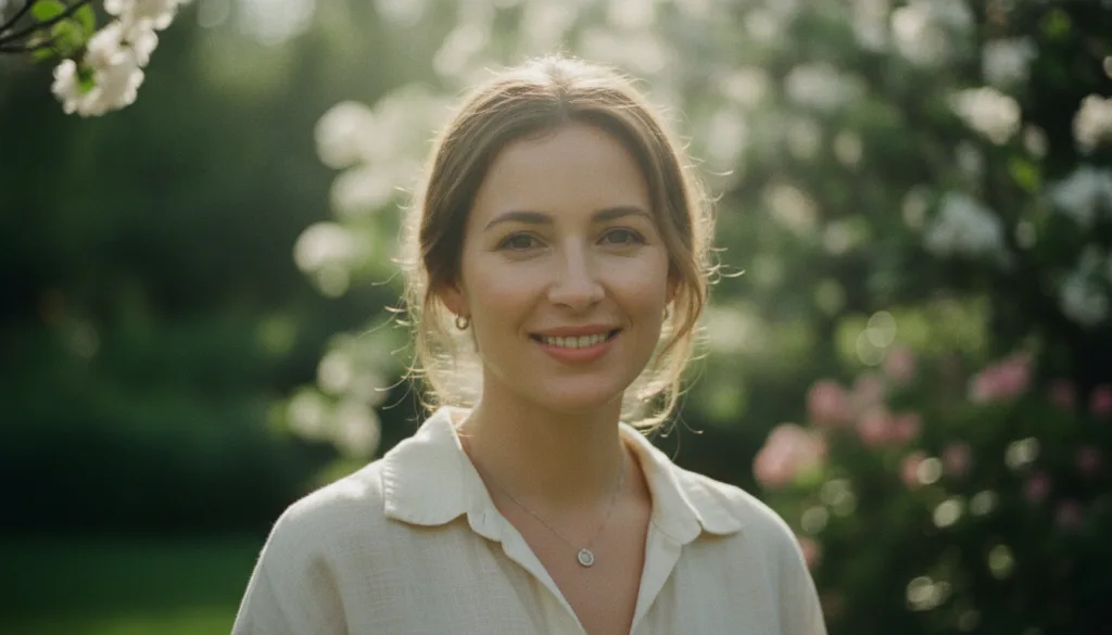 A woman with glowing clear skin smiling with a subtle before and after split or a feeling of transformation