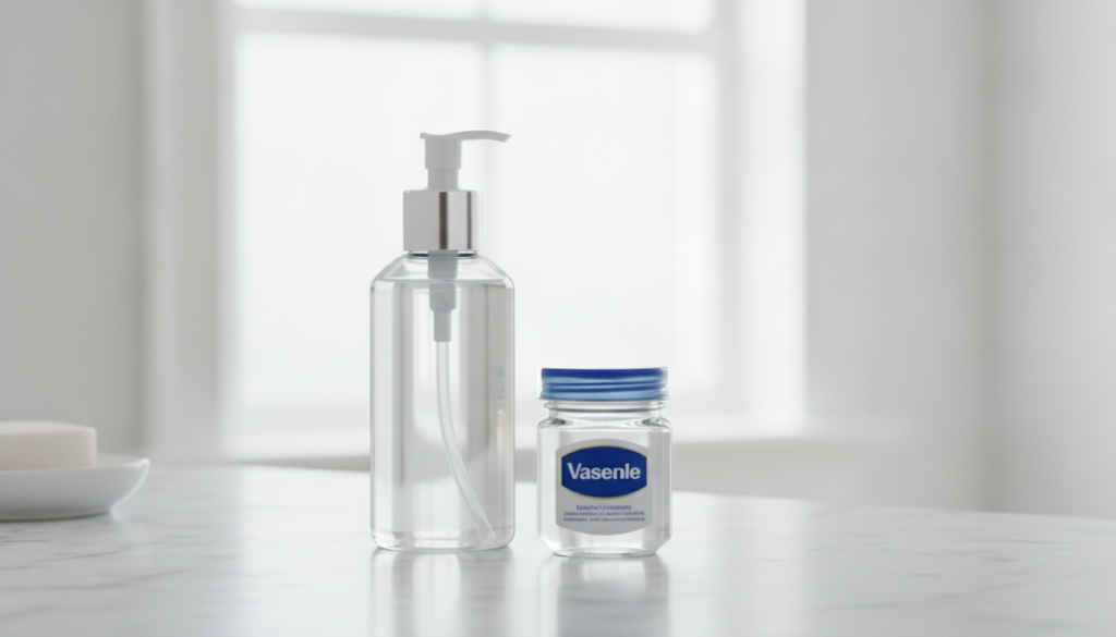 A bottle of baby oil and a jar of Vaseline on a clean bathroom counter ready for use