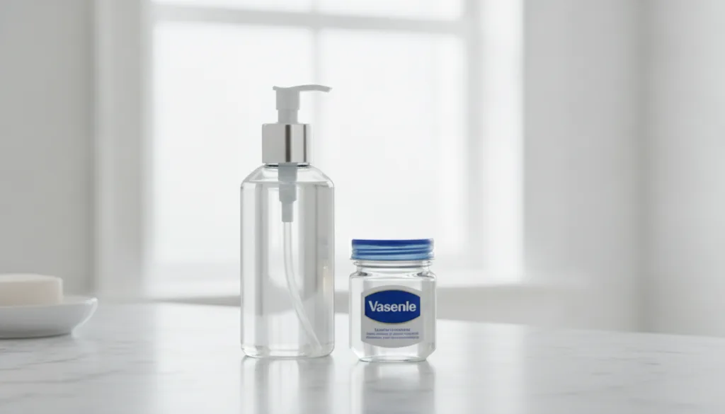 A bottle of baby oil and a jar of Vaseline on a clean bathroom counter ready for use