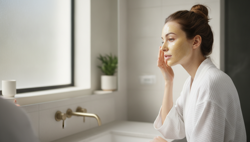 A woman gently applying the yellow Vaseline anti-aging mask to her face in a well-lit bathroom looking at her reflection