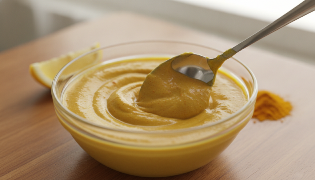 A close-up of the Vaseline anti-aging remedy being mixed in a small bowl showing the yellow paste being stirred with a s