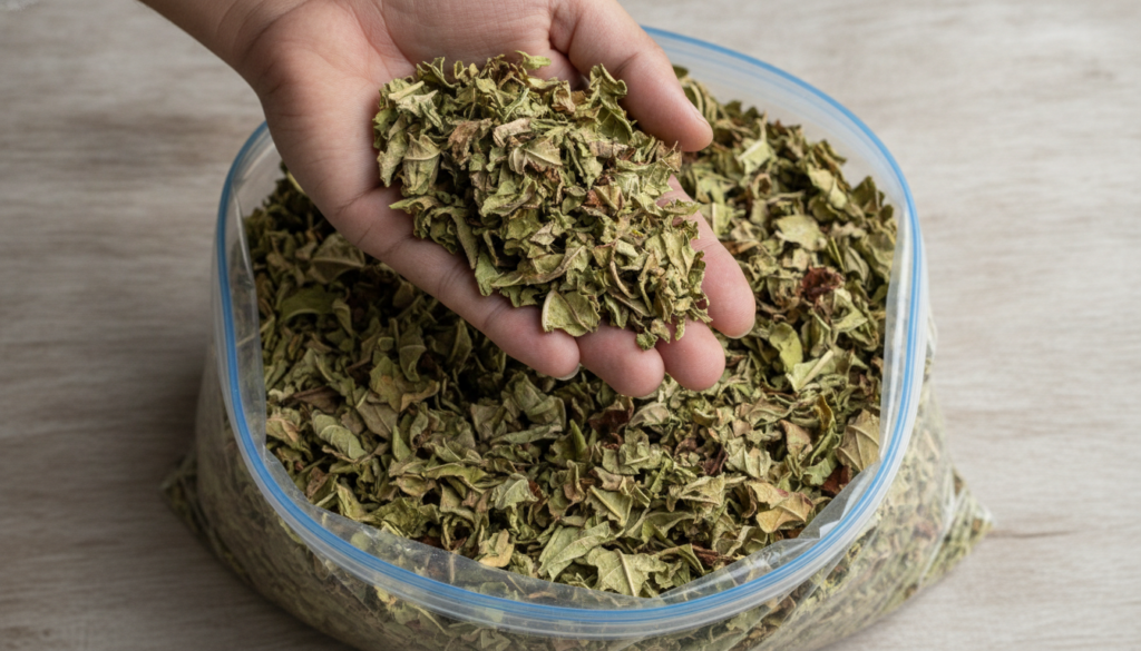 A human hand holds a handful of dried crumpled papaya leaves above a large clear plastic bag filled with more dried leav
