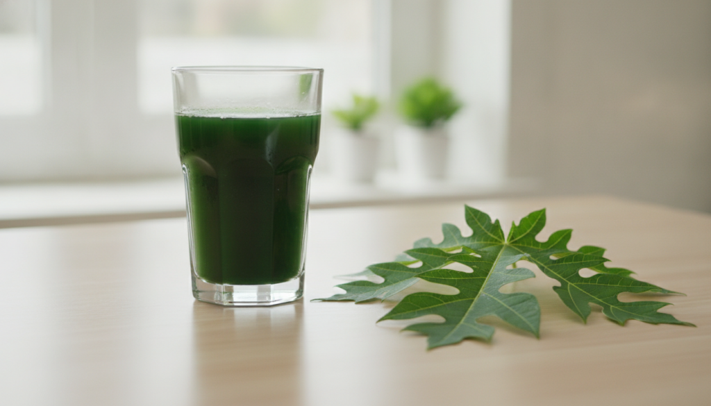 A clear glass of dark green papaya leaf liquid sits on a light wooden countertop next to a fresh papaya leaf