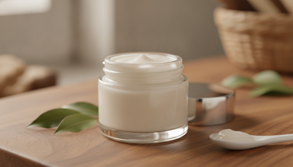 A small clean glass jar filled with the freshly made DIY collagen cream balm showing a smooth creamy texture placed on a