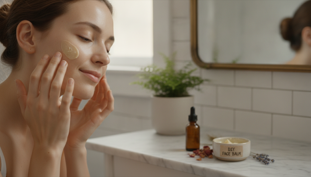 A woman gently applying a small amount of the DIY collagen cream to her face massaging it into her cheek with a serene e