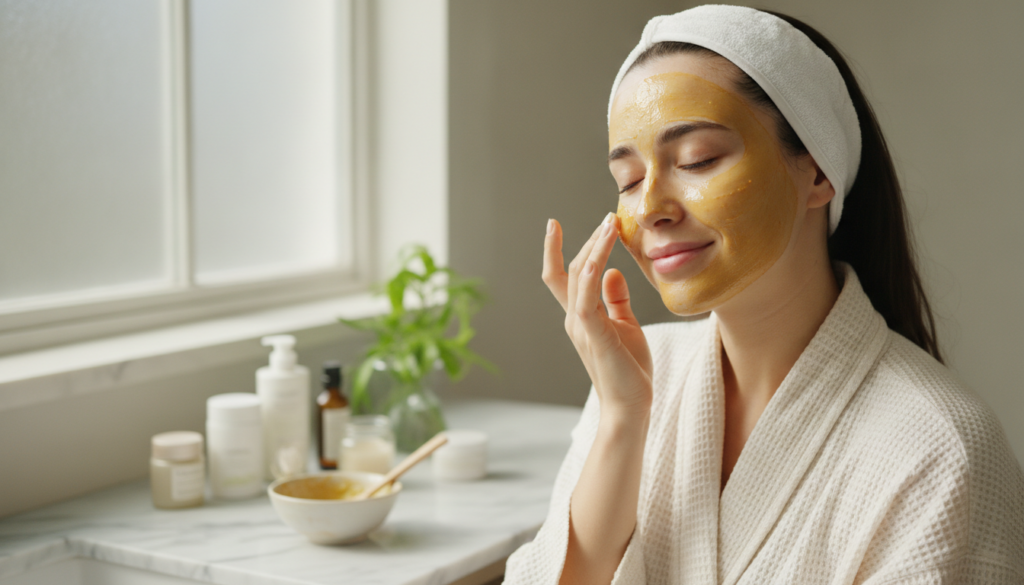 A woman gently applying the turmeric lemon Vaseline mixture to her clean face with a soft natural expression in a well-l