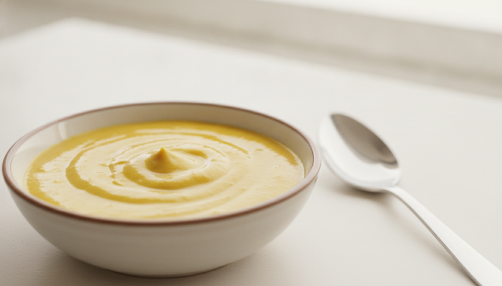 A close-up of a small bowl containing the mixed Vaseline turmeric lemon paste with a spoon beside it on a clean light su