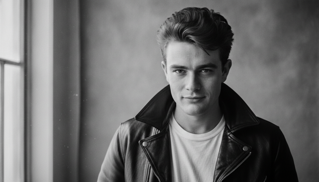 A striking black and white portrait of a young James Dean looking intensely into the camera with a slight smirk