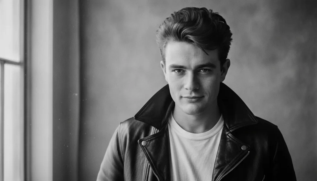 A striking black and white portrait of a young James Dean looking intensely into the camera with a slight smirk