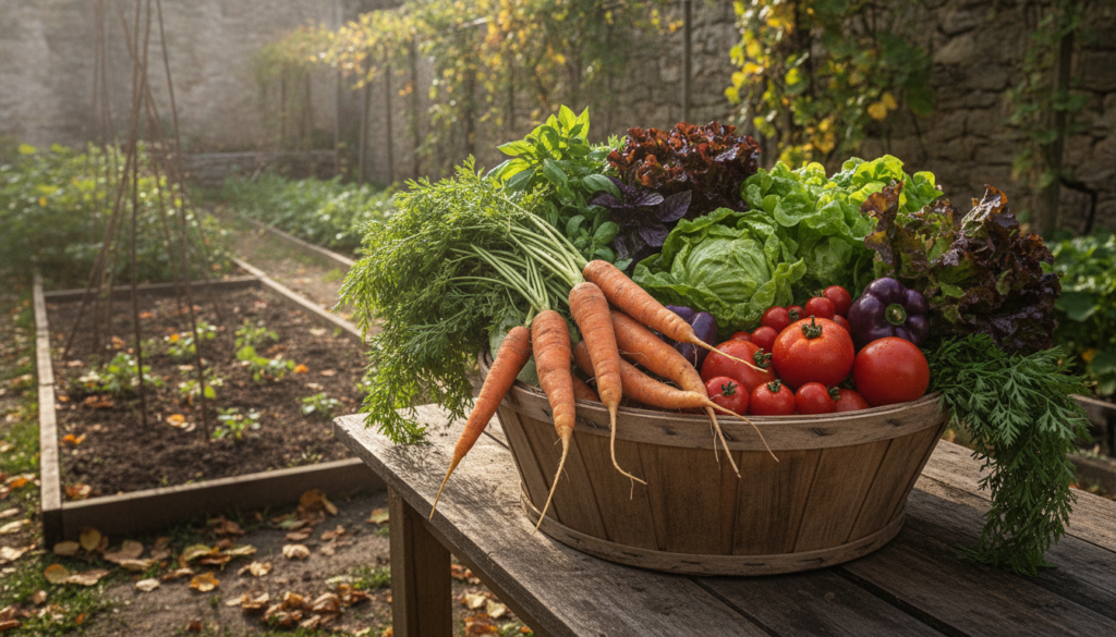 A vibrant abundant harvest of various freshly picked vegetables like carrots lettuce radishes and tomatoes arranged aest