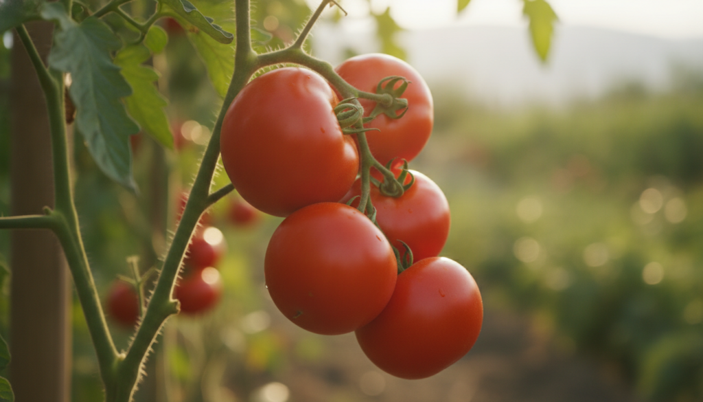 A close-up of vibrant ripe red tomatoes hanging from a healthy green vine in a garden with a blurred background suggesti