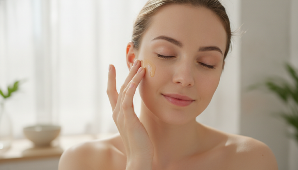 A woman gently massaging a few drops of homemade lemon and baby oil blend onto her face focusing on her cheek and forehe
