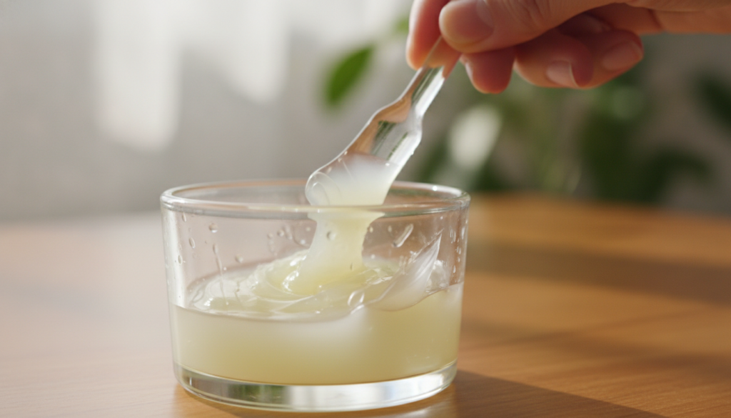 A close-up of a hand mixing fresh lemon juice into a small container of Vaseline with a mini spatula creating a smooth w