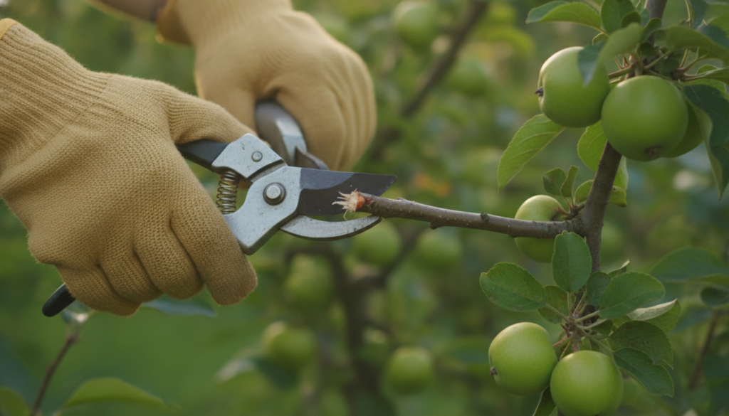 A gardener carefully pruning branches of a fruit tree with pruning shears in hand surrounded by lush green foliage and r