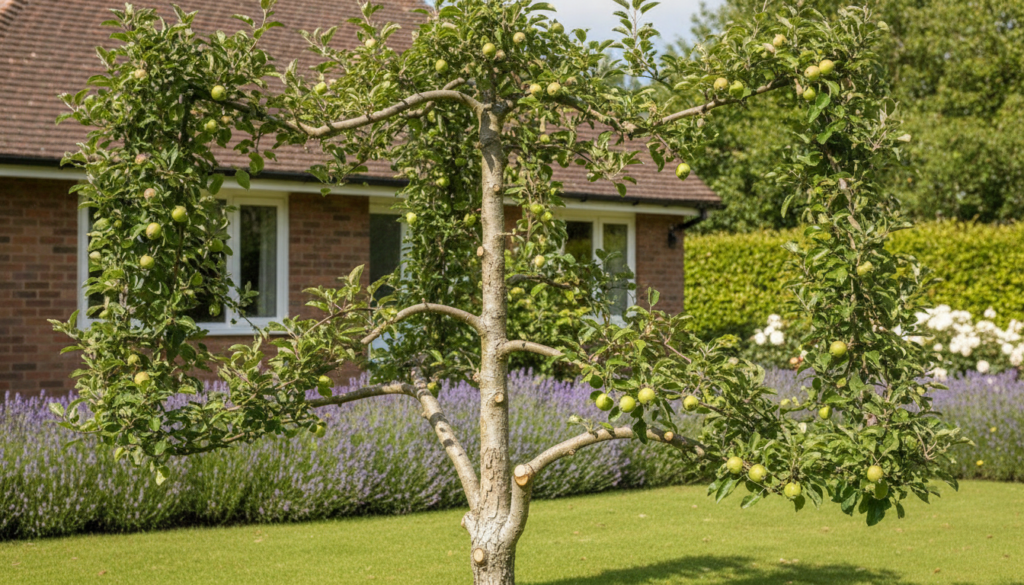 A well-pruned apple tree in a home garden showing an open structure with good light penetration bearing developing apple