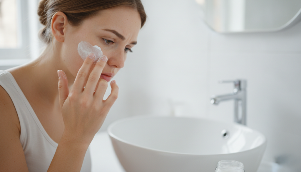 A woman gently applying a homemade Vaseline and baking soda paste to her cheek with her fingertips focusing on an area o