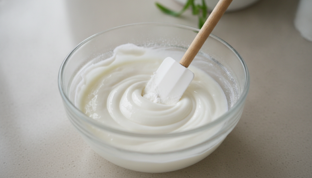 Close-up of a small glass bowl with Vaseline and baking soda being mixed into a smooth paste with a small spatula