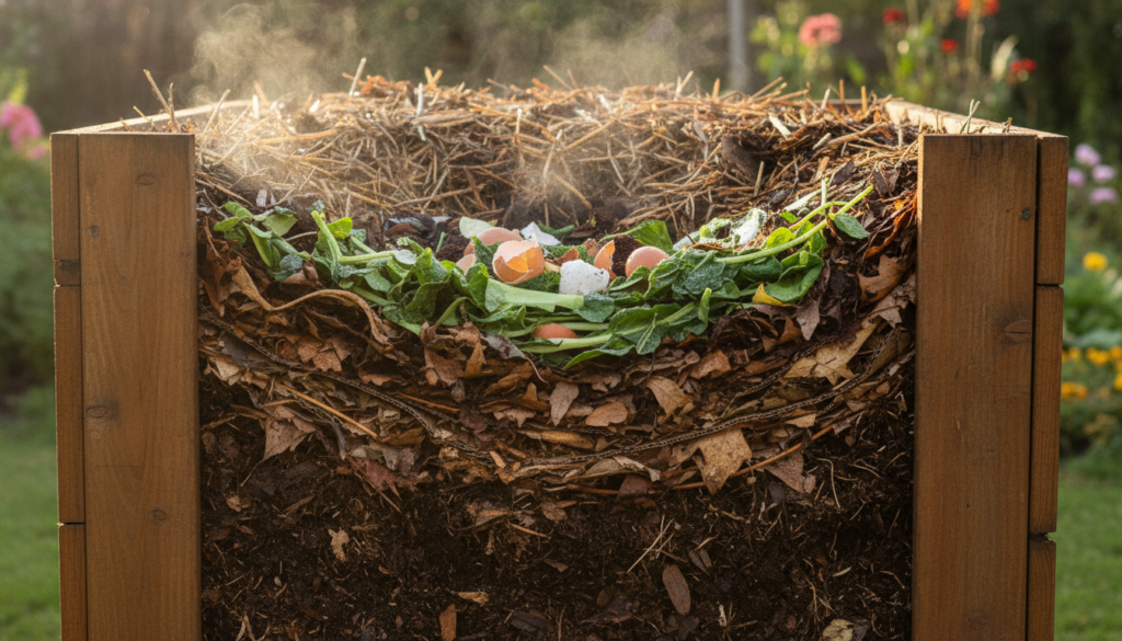 A well-maintained compost bin or pile with visible layers of greens and browns like fruit peels leaves and coffee ground