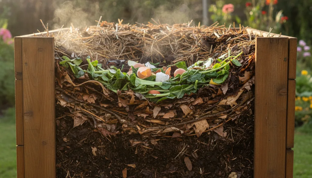 A well-maintained compost bin or pile with visible layers of greens and browns like fruit peels leaves and coffee ground