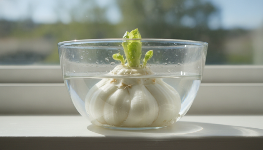 A visual showing the base of a romaine lettuce head placed in a shallow bowl of water with small new leaves starting to 