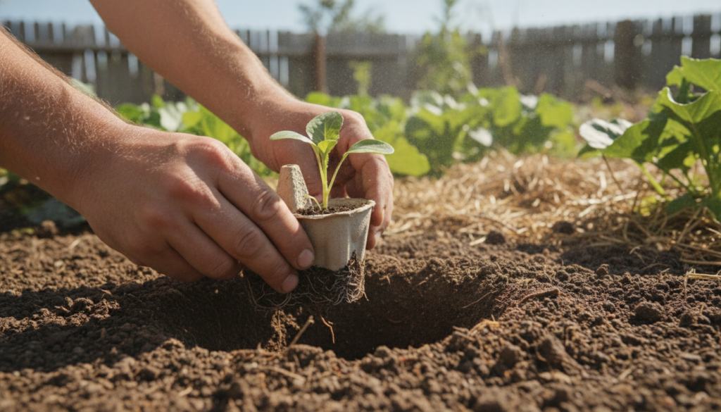 A gardener carefully placing a young vegetable seedling still in its biodegradable egg carton compartment into a prepare