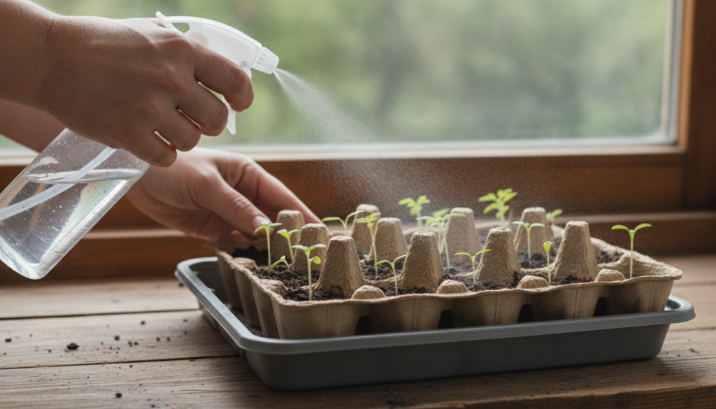 A gardener gently misting young vegetable seedlings in egg carton starters with a spray bottle The seedlings are small a