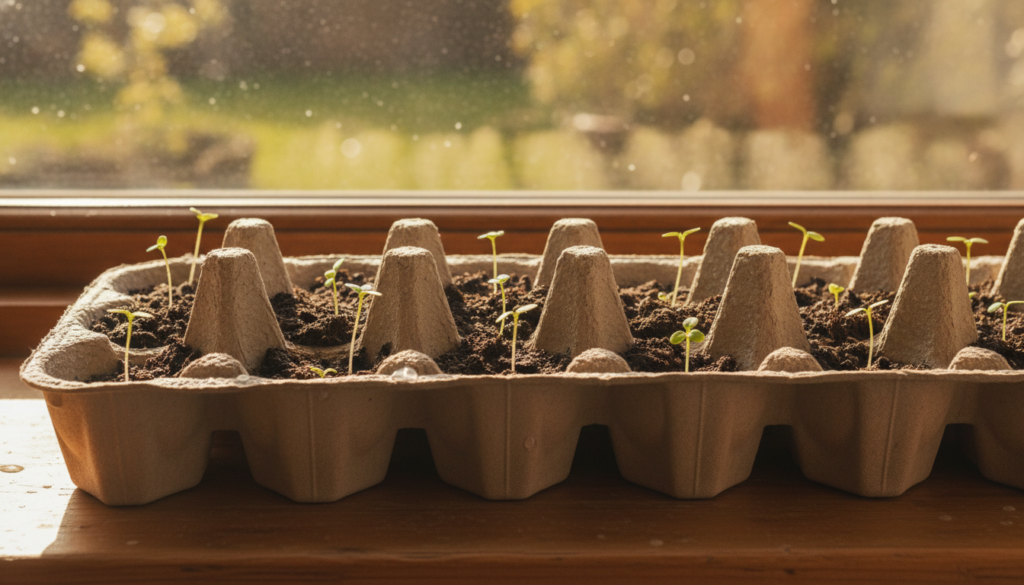 A close-up shot of several cardboard egg cartons filled with damp seed-starting mix with small vibrant green seedlings s
