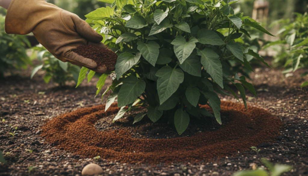 Close-up of dried coffee grounds being sprinkled around the base of a vibrant green leafy plant in a garden bed