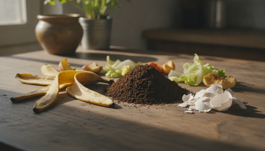 A variety of kitchen scraps suitable for composting or direct use in the garden such as coffee grounds banana peels eggs