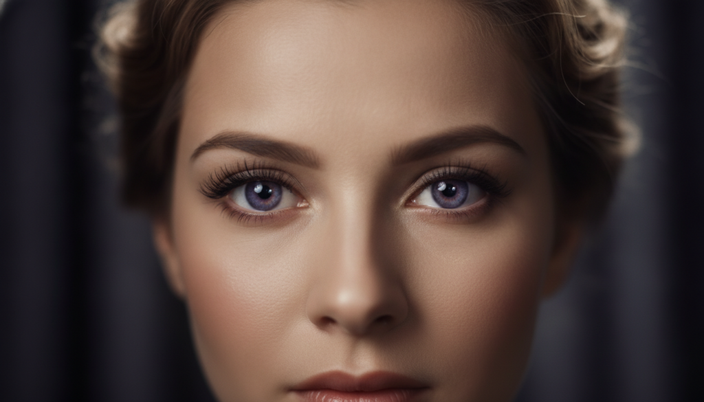 A close-up of a woman s striking violet eyes with the rest of her face mostly obscured designed as a guess the celebrity