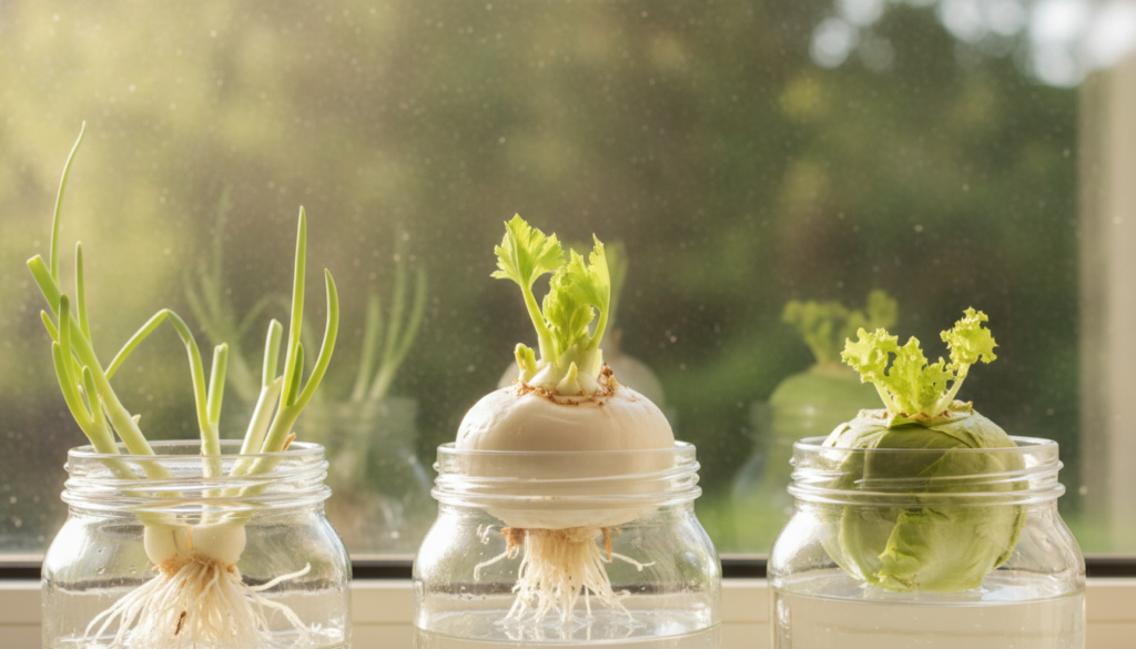 A collection of various kitchen scraps like celery bases green onion roots and lettuce cores in small jars of water on a