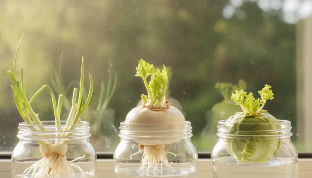 A collection of various kitchen scraps like celery bases green onion roots and lettuce cores in small jars of water on a