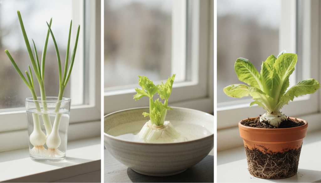 A visual collage or infographic showing 3-4 different regrowing vegetables like green onions celery and romaine lettuce 