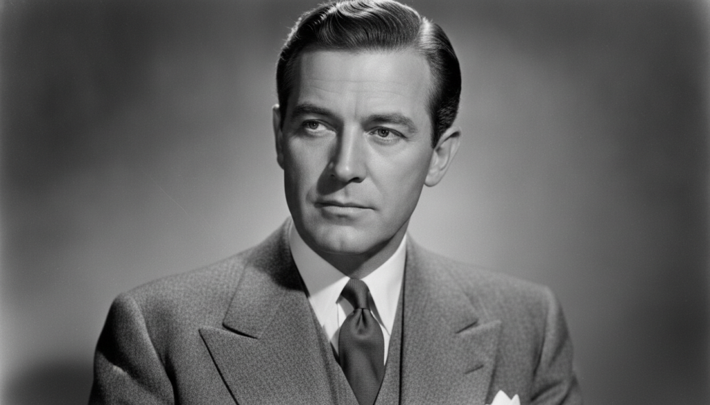 A vintage black and white close-up portrait of a distinguished classic Hollywood actor with a thoughtful and gentle expr