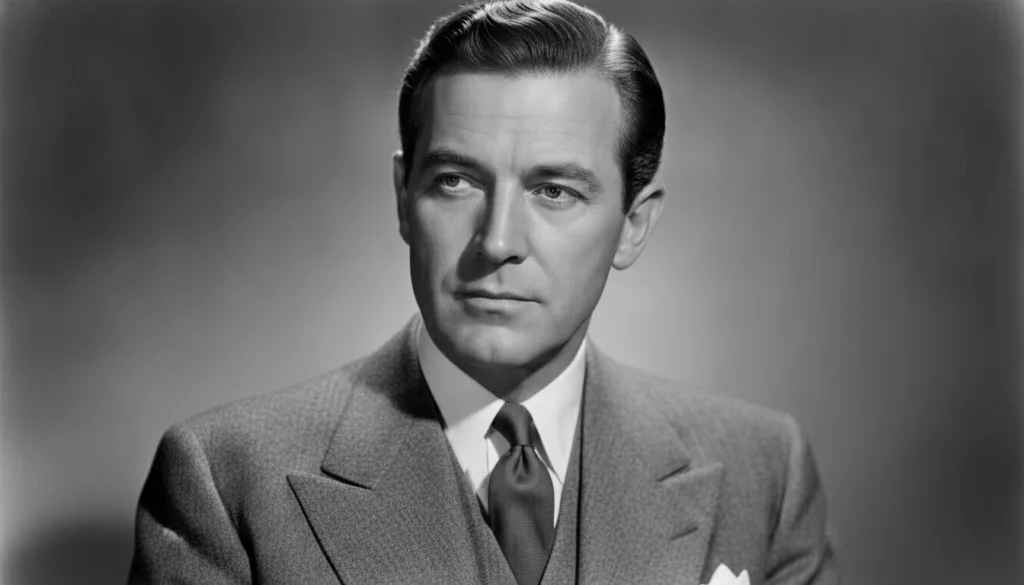 A vintage black and white close-up portrait of a distinguished classic Hollywood actor with a thoughtful and gentle expr