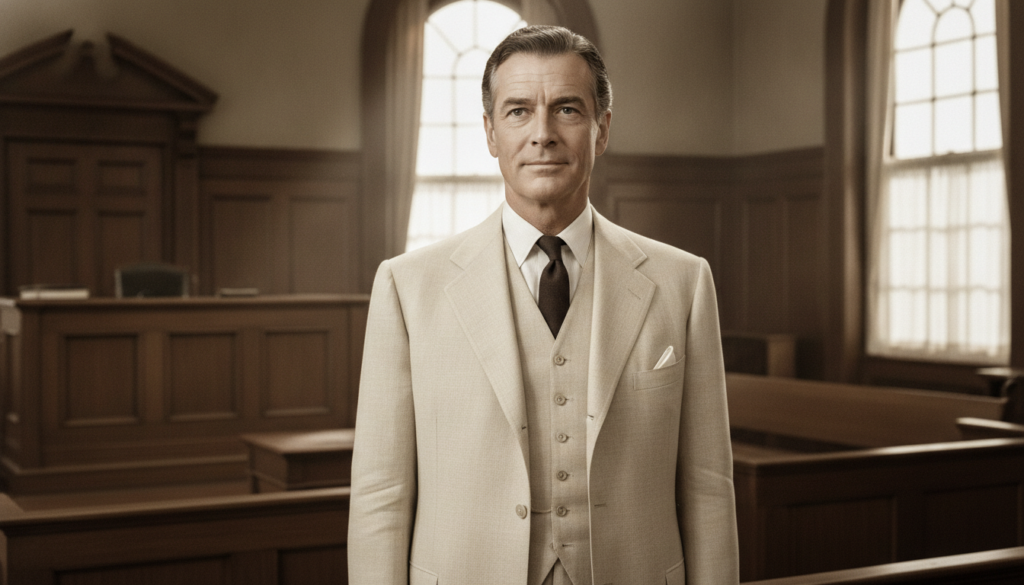 Gregory Peck as Atticus Finch looking noble and determined in a courtroom scene