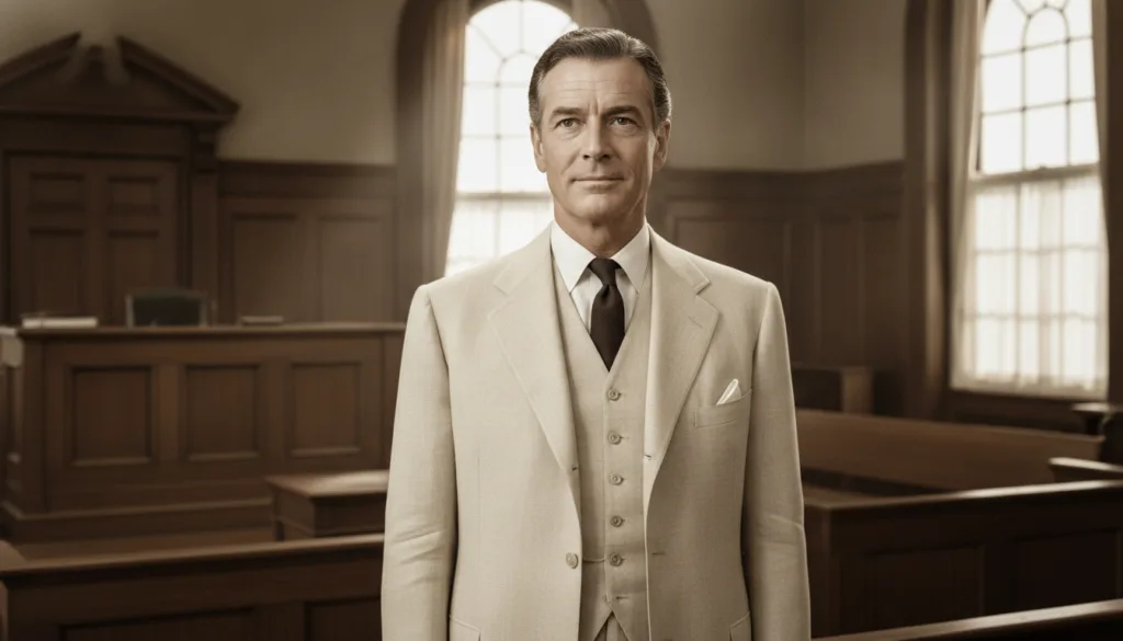 Gregory Peck as Atticus Finch looking noble and determined in a courtroom scene