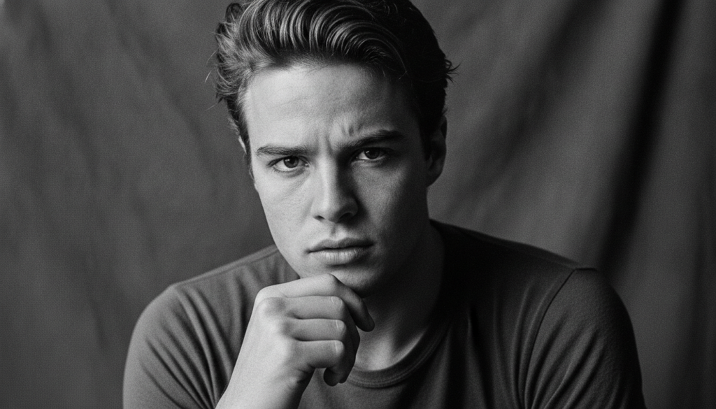 A black and white portrait of a young Marlon Brando looking intensely at the camera with a raw expressive gaze reflectin