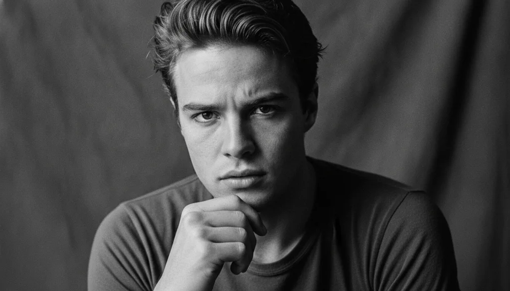 A black and white portrait of a young Marlon Brando looking intensely at the camera with a raw expressive gaze reflectin