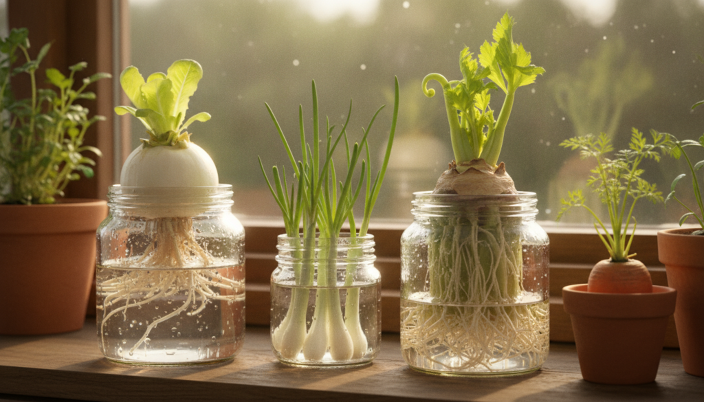A collection of common vegetable scraps like lettuce bottoms green onion bases celery bases and carrot tops all with new
