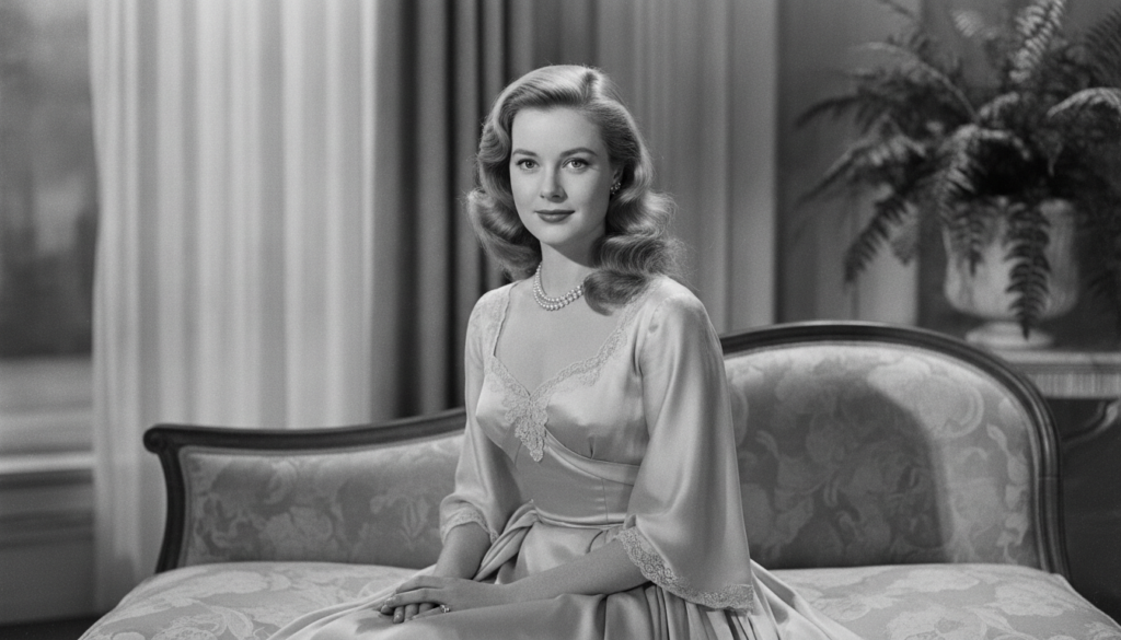 Grace Kelly in a glamorous classic Hollywood pose perhaps wearing an elegant gown or a sophisticated suit with a serene 
