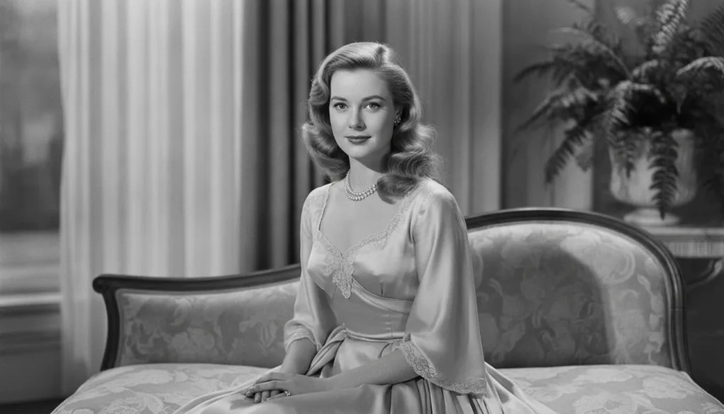 Grace Kelly in a glamorous classic Hollywood pose perhaps wearing an elegant gown or a sophisticated suit with a serene 