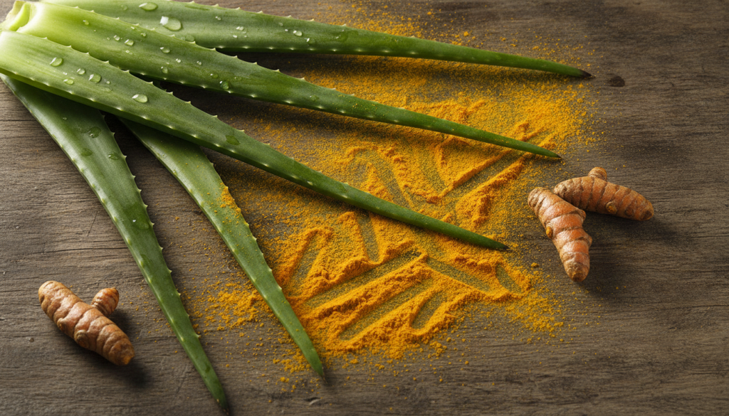 A close-up shot of fresh aloe vera leaves and vibrant yellow turmeric powder next to each other on a rustic wooden surfa