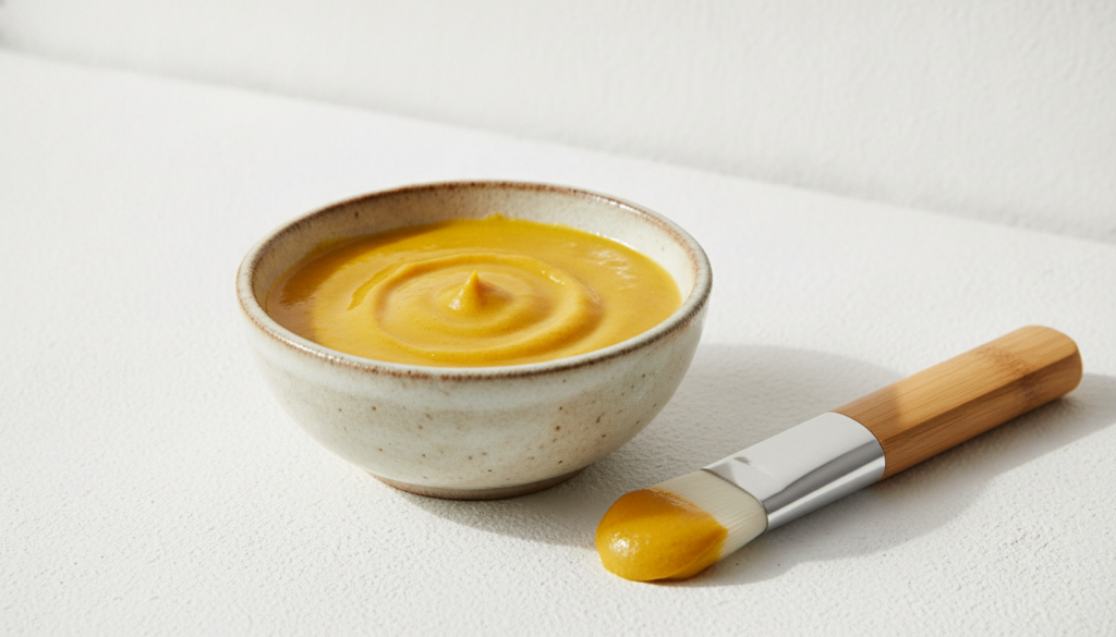 A small bowl containing a bright yellow-orange DIY face mask made from aloe vera and turmeric with a clean application b
