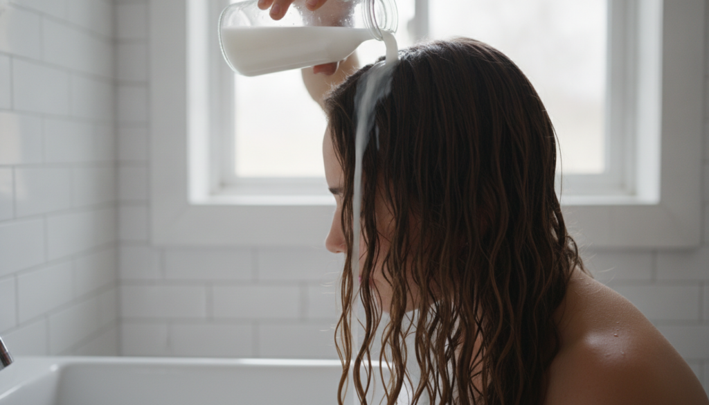 A person with long dark hair gently pouring a stream of cloudy liquid rice water over their scalp and hair in a bathroom